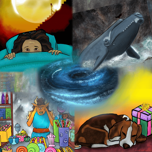 Square composite image of the digital drawings from the five December 2023 short stories. Clockwise from top left: a child hiding under bedcovers with setting sun and a silhouette of a person walking down a staircase; a right whale emerging from waters onto a rocky shore; a beagle dog curled up in sleep next to a wrapped gift, a one-eyed person peering through a window of a candy shop with various candies displayed; and at center a whirlpool or maelstrom.