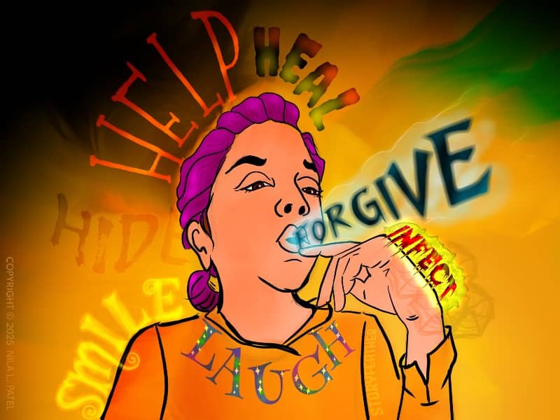 Digital drawing. A young woman from shoulders up at center, face turned three-quarters to the right. Her left hand is held with fingers curled down and index finger extended just below her mouth, which is parted as if to form the letter “o.” Words surround her, in different colors, fonts, and orientations. Counterclockwise from center: “Laugh” sparkling and curved at her throat like a necklace, “Smile” in curling glowing font resting along her shoulder, “Hide” translucent and patchy near her ear, “Help” stretched tall in a dark patch above her head, “Heal” in thick wavering letters, “Forgive” being blown from her mouth in letters small to big, and “Infect” in sharp dripping font that pierces the back of her hand. She looks down at the word “Forgive.” Watermark of “Storyfeather” along the inside of her left arm. Copyright notice along left side read, “Copyright © 2025  Nila L. Patel.”