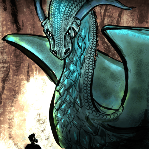 Digital drawing. Right half, partial view of a dragon, facing forward, seen from chest up. Wings are raised but folded down. Head is curved down from a long neck. Two horns slightly curving down extend from behind the eyes, which look down at the black silhouette of a human at bottom left, seen from the shoulders up. Behind the human and the dragon’s chest is a bright light shining on a rocky surface. Watermark of “Storyfeather” along the dragon’s left wing.