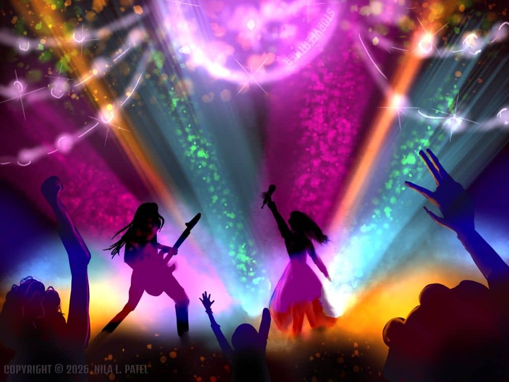 Digital drawing. Distant view of a stage with two figures in dark silhouette, a long-haired guitarist playing at left, and a lead singer with microphone raised at right. Glowing colorful fog illuminates the stage up to waist level of the performers. Stage lights beam outward at angles from center. At top center, partial view of a wispy bright orb hung with studded chains. At foreground bottom, silhouettes of three figures visible in the audience, with arms raised. Figure at right corner has a frog-like head. Watermark of “Storyfeather” along curve of orb. Copyright notice along bottom left reads “Copyright © 2026  Nila L. Patel.”