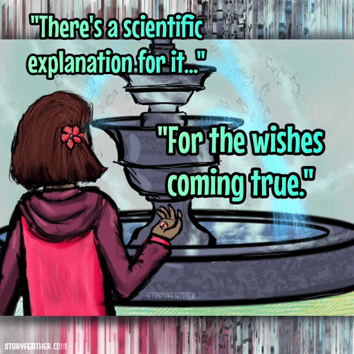 GIF: 6 seconds. Text displayed: “There’s a scientific explanation for it…For the wishes coming true.” Text fades. Digital drawing. At left, a child seen from waist up and from the back, wearing a bright hoodie and a flower pin in short bobbed hair, with right arm bent at the side, and right hand holding a coin. The child stands in front of a fountain with a central goblet-shaped piece spouting water over the edge. A smaller goblet-shaped piece sits above the first, spouting water, and another piece that extends beyond frame spouts water down.  Small translucent fish swim in schools and clusters in the air around the fountain. Watermark of “Storyfeather” around bottom curve of fountain. Subtitles appear at the bottom: “‘…people say the fish eat our wishes and then turn them into reality.’” Website URL appears at bottom left.