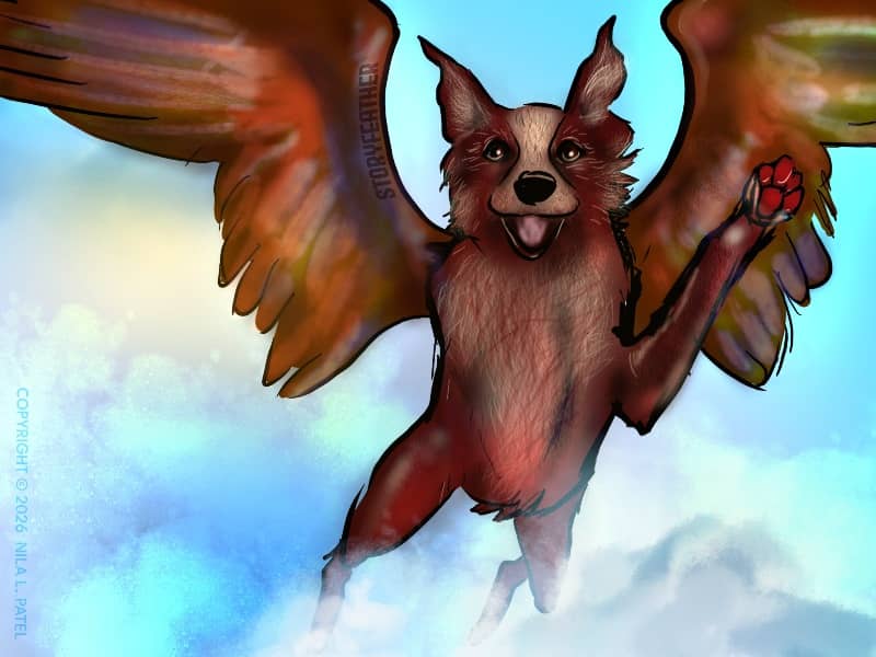 Digital drawing. A winged dog with right forelimb missing emerges from a bank of clouds below. Left forelimb is raised. Wings extend out of frame. The dog’s mouth is open. Tail is not visible. Watermark of "Storyfeather" along inner edge of right upper wing. Copyright notice along left side, "Copyright © 2026 Nila L. Patel."