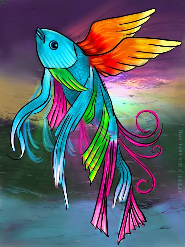 Digital drawing. A brightly colored fish seen in left profile hovers in mid-air, head oriented to the upper left. The fish has the general appearance of a betta with flowing fins in multiple colors. Two fins also extend from the dorsal side just behind the head taking the shape of wings. The background appears like waves and clouds in muted colors. Watermark of “Storyfeather” along the edge of one winged fin. Copyright notice along right side reads, “Copyright © 2026  Nila L. Patel.”