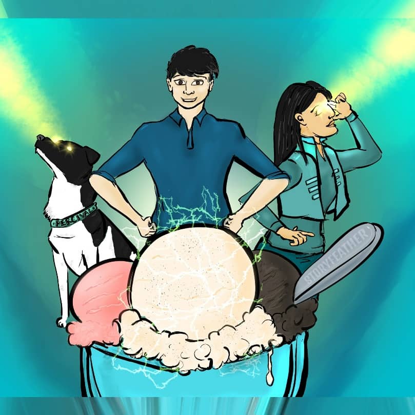 Digital image. Foreground bottom, a bowl with three scoops of ice cream. Vanilla, center front. Strawberry, left behind. Chocolate, right behind. The chocolate scoop has a spoon handle sticking out of it. The vanilla scoop has little lightning bolts surrounding it. Behind the bowl are three figures. Center, from waist up is a smiling young man facing forward, with his curled hands on his hips. To his left is a young woman from waist up in three-quarters profile, her head tilted up. A beam of light shoots from her eyes. She holds the first two fingers of her left hand to her temple. To the young man’s right is a black-and-white dog, seated, who is also looking up and shooting beams of light from his eyes. He wears a collar with the name “Percival” on it. Watermark of “Storyfeather” along spoon handle.