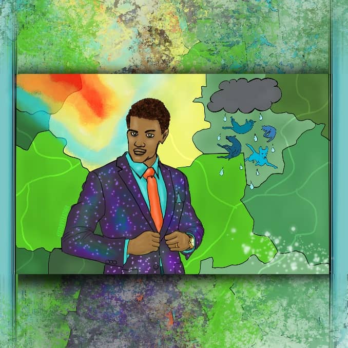 Digital drawing. A weatherman, from waist up, facing forward and standing slightly left of center before a screen showing a generic weather map. He’s wearing a fancy-looking blazer over shirt and tie. The blazer is patterned with sparkling stars and colorful nebulas. He holds his hands to the blazer’s button. A watch and ring on ring finger is visible on his left hand. His left eyebrow is arched. On the weather display, bottom right, a snow flurry is moving in. Top left, an overlay of temperatures. Top right, a cloud under which raindrops and cats and dogs are falling. The rectangular image is made square with top and bottom borders that display portions of the main image, distorted as if blotted with a paint brush. Watermark of “Storyfeather” outside and along the weatherman’s right upper arm.