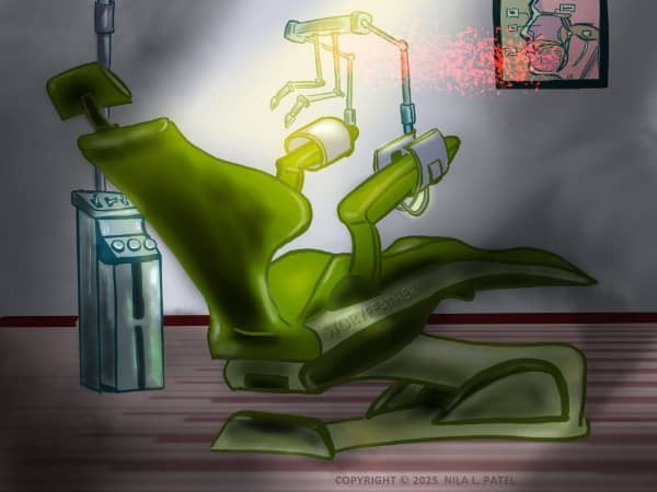 Digital drawing. An exam chair, like those found in a dentist’s office, seen from a three-quarters view of the right side, tilted slightly back. The arms are covered with metal cuffs, the one at right is open. From under the cuffs rise articulated rods that connect to the ends of a bar. From the bar’s center descend two smaller articulated rods ending in prongs. At left, behind the chair is a machine with two levels of consoles that contain dials and levers. A metal pipe extends up from behind the machine. At upper right is a diagram of a cross section of a human head from forehead to throat, displaying bone and some prominent features with label callouts. A bright yellow light shines from upper right down on the chair. Within this bright light and extending to the diagram is bright orange speckling. Watermark of “Storyfeather” along the seat edge at right. Copyright notice at center right reads, “Copyright © 2025  Nila L. Patel.”