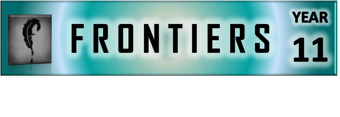 Portal Button. Elongated rectangle. Rings of colored light emanate from the center. Inset on the left, a square with the Storyfeather feather logo, a feather quill shaped like the letter "f" with a drop of ink hovering below its tip. The logo is modified so that it is metallic gray, reflected faintly below, and the inside edge is tilted away from the viewer. To the right of the image, the word "Frontiers." At top right, the word "Year." Below "Year," the numeral "11."