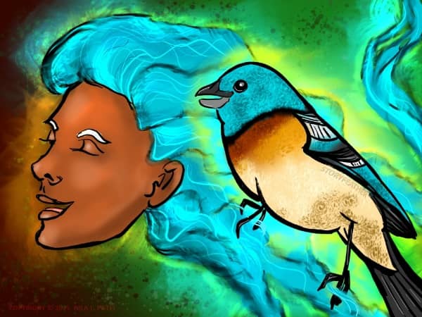 Digital drawing. Foreground right, a bird with the shape and coloring of a male Lazuli bunting, facing left, beak parted, in perched position. At left, behind the bird, a floating head with face in three-quarter profile facing left, eyes closed, mouth parted, and long, wavy blue hair flowing back and down, with some strands threading through the bird’s feet, and one piece whipping up to upper right. Both figures are surrounded by a warm wispy glow. Watermark of “Storyfeather” beneath the bird’s wing. Copyright noticed at bottom left reads, “Copyright © 2025&nbsp; Nila L. Patel.”