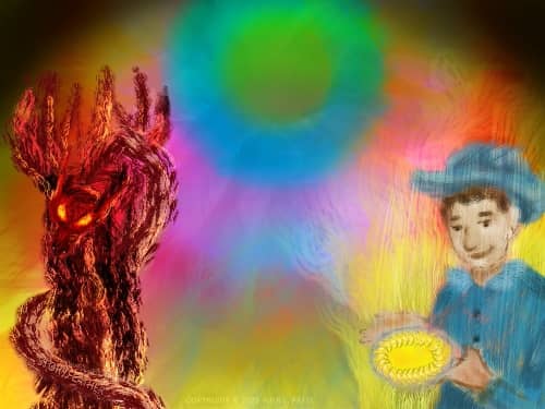 Digital drawing. A composite of three main elements. At left, top of a rocky tower with rough finger-like protrusions at the crown, and a serpentine dragon winding around it. The dragon’s eyes glow red and yellow. At right, rendered in thready strokes of paint, a boy from waist up, seen in three-quarters view, smiling down at a large yellow tart, decorated with slices of yellow fruit at the outer edge, that he’s holding up with both hands. He wears a hat and a shirt with dark buttons and a light collar. Background, rainbow shades radiate from top center from a bluish green iris-like circle. Dark shadow arcs along top edge. Watermark of “Storyfeather” along serpent’s body at bottom left. Copyright notice at bottom center reads, “Copyright © 2025  Nila L. Patel.”