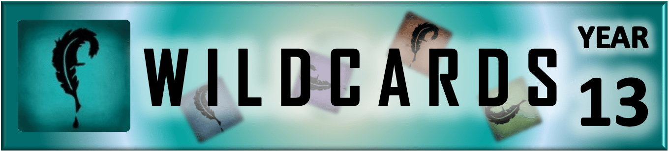 Portal Button. Elongated rectangle. Rings of colored light emanate from the center. Inset on the left, a square with the Storyfeather feather logo, a feather quill shaped like the letter “f” with a drop of ink hovering below its tip. To the right of the image, the word “Wildcards.” Four smaller versions of the logo, with blurred edges, each a different hue, and each tilted, are scattered across the button behind the word. At top right, the word “Year.” Below “Year,” the numeral “13.”
