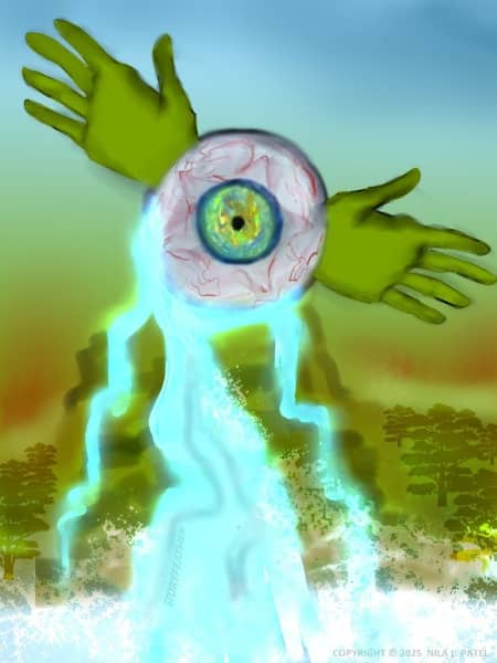 Digital drawing. At middle top, a large eyeball with glowing green-blue iris. Scattered blood vessels form a faint star shape around the iris. Two green hands flare out from the sides of the eyeball, palms out, one tilted downwards, the other upwards. Glowing water flows from the bottom of the eyeball, which sits or hovers atop a hill. The water cascades in three waterfalls into a pool at bottom. Faint silhouettes of trees flank the hill at bottom. The sky above is blue and clear. A reddish haze hangs above the tree line. Watermark of “Storyfeather” along bottom of middle waterfall. Copyright notice at bottom right reads, “Copyright © 2025  Nila L. Patel”