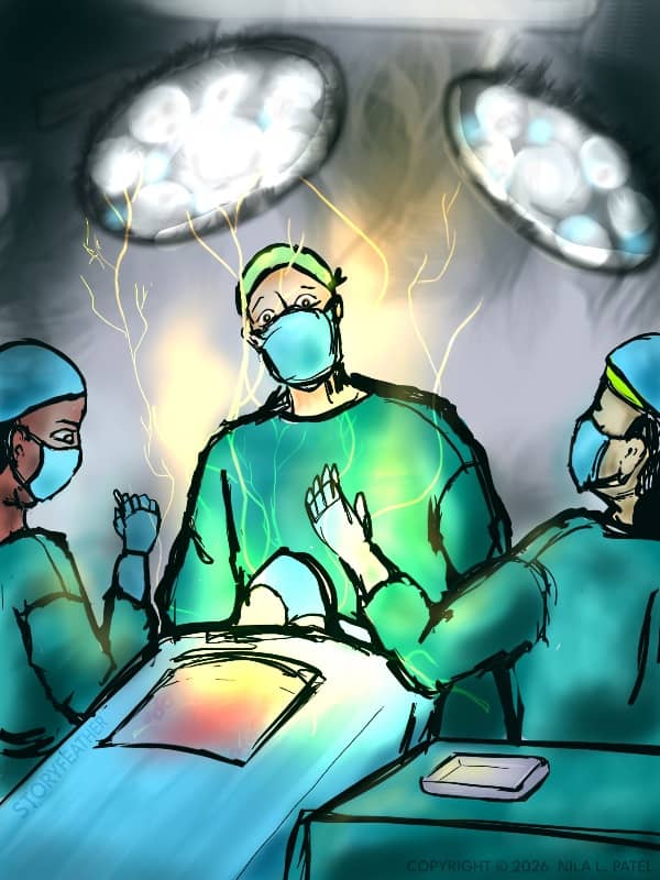Digital drawing. View of a surgery. Partial view of patient lying on surgical bed with opening to chest showing a red haze. Three people on surgery team, wearing scrubs, masks, and head coverings surround the patient, standing under two bright overhead lights. Two people react to yellow-gold vessels extending up from the open chest cavity, surrounded by a golden glow. Bottom right, a table with a silver tray on it. Watermark of “Storyfeather” along left edge of surgical bed. Copyright notice along bottom right reads “Copyright © 2026  Nila L. Patel.”