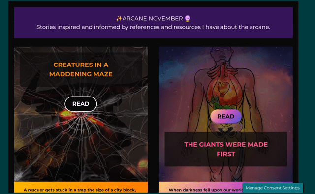 GIF: A screen recording of the top of the Storyfeather Year 12 page. A banner at top reads "Praxis" and "Year 12" with a text block below. Then a scroll down the page to show a "Go to the End" button and the first five stories, arranged within a box with a dark background. Each story displays an image, the title, a "Read" button, and text box below with tagline and genre.