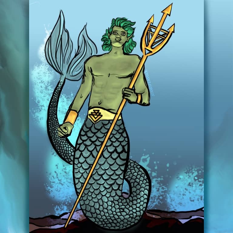 Digital drawing. A merman, his top half human and his bottom half a fish, facing forward perched on flat earth. He is bare-chested and his tail curves up behind him to the left (his right). He wears a belt of gold around his waist, and in the center is a symbol: three upside down triangles, overlapping and growing smaller from bottom to top. He wears gold cuffs or vambraces. His right hand is curled in a fist by his side. In his left hand, he holds a golden trident, simple save that the symbol of three triangles is worked into the lines connecting the prongs of the trident. Waves splash behind him. Watermark of “Storyfeather” along outside of his upper left arm.