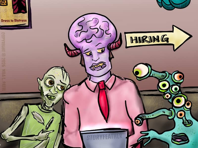 Digital drawing. Three monsters sitting on a bench, seen from waist up. From left to right, a zombie, pointing with right hand and leaning towards the shoulder of the central figure. A humanoid with a bulbous skull with curved impressions that resemble the shape of a brain, horns protruding from either side of the head, wearing shirt and tie, with a laptop open in front of him. He glances over to the right. An amorphous monster with a column of eyes at the top, three of which extend from stalks, a protrusion at bottom that resembles a hand, and an open mouth at the base of the eye column. Above the third monster’s head is a sign that reads “Hiring” in the shape of an arrow pointing right. Above the sign is a partial view of a fish scale structure. On the wall at upper left is a poster or board labeled “Dress to Distress” with two images depicting non-distinct shapes. Watermark of “Storyfeather” along top back of laptop. Copyright notice along left side reads, “Copyright © 2026  Nila L. Patel.”