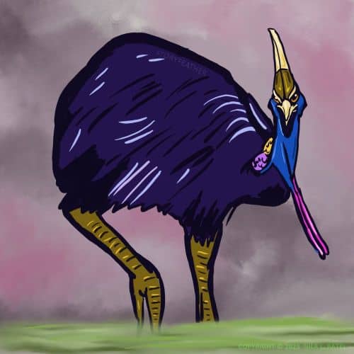 Digital drawing. A cassowary seen from right side with head facing and looking forward and right leg slightly raised. The bird stands in water or mist. The bird’s wattle swings to the right. Watermark of “Storyfeather” along the top of the back. Copyright notice at bottom right reads, “Copyright © 2025  Nila L. Patel