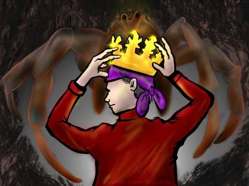 Digital drawing. Foreground center, seen from back and waist up, a man in red garb with long sleeves, face in left profile, holding his bent arms up and placing a slightly tilted golden, glimmering crown on his head over a purple bandanna. Background center, facing the man, is a large crab that appears like a coconut crab, forelimbs positioned in front, and the next two pairs of legs almost framing the man. Both figures are surrounded by rock. Golden light from the crown illuminates the crab’s eyes. Watermark of “Storyfeather” along the top of the crab’s leg at left. Copyright notice at bottom center reads, “Copyright © 2024  Nila L. Patel.”