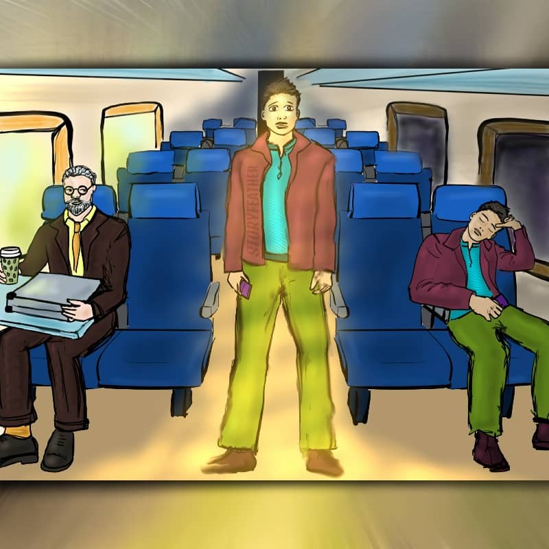 Digital drawing. View down the middle of a train car. Several seats are visible, but only two are occupied. At far right, a young man is asleep, his left elbow propped on the window edge, his head resting in his hand. His other hand lies on his lap, holding a rectangular object. It’s dark outside the windows. At far left, an older man with a table attachment propped up, holding a cup of coffee in his right hand. His left arm and hand are curled around a briefcase that lies on the table. He’s glancing to his left. It’s bright outside the windows on his side. At center, standing in the aisle is the same young man who’s seen sleeping. He is surrounded by a glowing light. His arms hang by his side. He’s holding a cell phone in his right hand. His brows are raised and his mouth parted. Watermark of “Storyfeather” along right side of the young man’s jacket.
