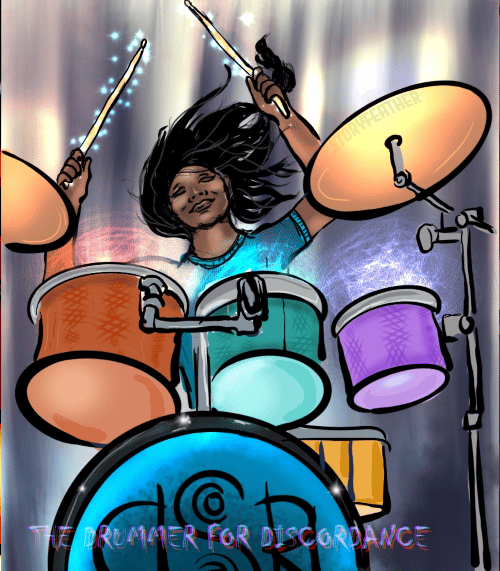 Digital drawing. A girl sitting behind a full drum set, facing forward. The girl’s eyes are closed and her body is tilted to the left, both bent arms raised and holding drumsticks above cymbals. The sticks glow with sparkles. The girl’s long dark hair is whipping to the right. The tops of the three drums in front of her emit glowing threads of light. The drum at bottom bears a symbol. Translucent text at the bottom of the frame reads “The Drummer for Discordance.” Watermark of “Storyfeather” along edge of cymbol near top right.