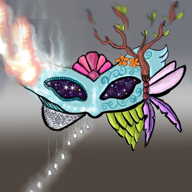 Digital drawing. An empty masquerade mask facing forward with several asymmetrical elements. At center bridge of nose, a seashell motif. At left of image the top corner of the mask appears to be burning in a sparkling flame, and part of the mask appears to be vaporizing. At bottom is a small chainmail section from which there hangs a row of teardrop pieces dangling from thin strings. Within each eye hole is a star-filled sky motif. The right eye hole is framed with a tiled or scaled border. The left eye is surrounded by a vine motif. At right of image a feather and wing motif drops from the bottom of the mask. Along the side and extending up in a branching tree. A few leaves sprout from a few branches. Two flowers are set beside the tree and above the left eye. A dragonfly-like insect is perched at the base of the tree with two insect wings extending out and two feathers emerging from the bottom. Watermark of “Storyfeather” along bottom edge below right eyehole.