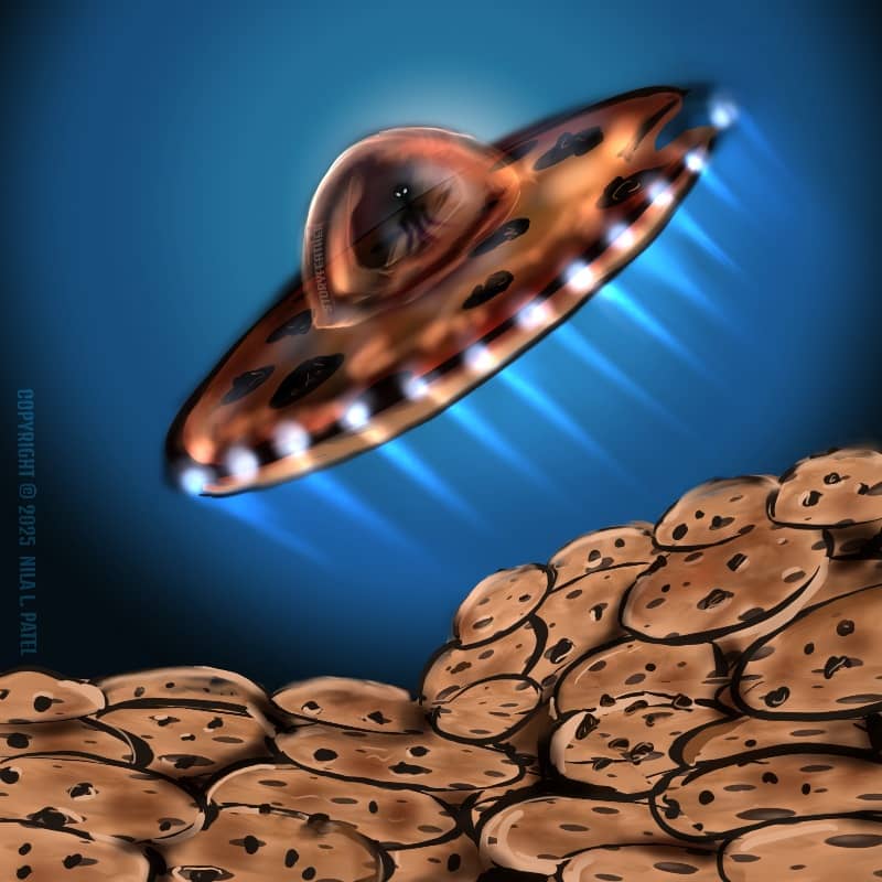 Digital drawing. A pile of chocolate chip cookies lies at bottom below a larger cookie floating above, styled like a flying saucer. The larger cookie is tilted at a forty-five degree angle from horizontal with bright lights around the edge. A translucent 