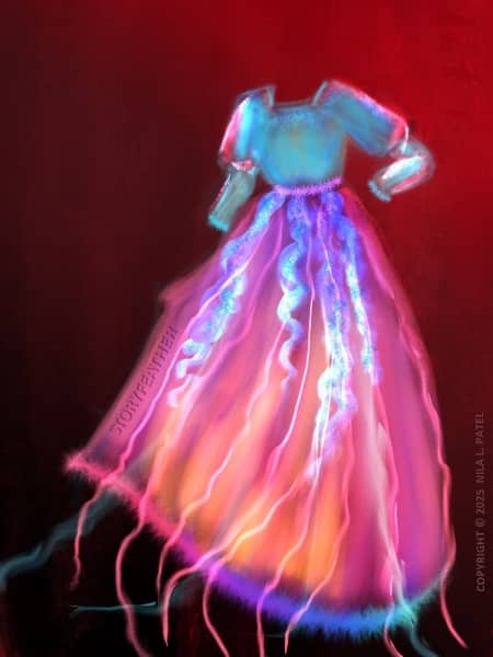 Digital painting. A long frock floats facing forward at right with skirt flaring up toward left. The skirt is colored in vivid shades of pink, purple, and orange. The top is blue with bright pink sheen. At the waist and edges of sleeve and skirt are spiky nettle-like ruffles. Long pink ribbons and glowing blue frills fall from the waist. The frock is empty, but the left arm is bent at the elbow. Watermark of “Storyfeather” along skirt at left. Copyright notice along right side read, “Copyright © 2025  Nila L. Patel.”