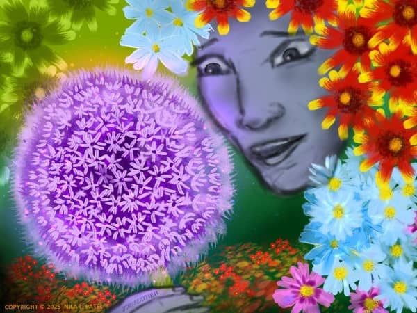 Digital drawing. Flowers surrounding a grayscale face. The face at upper right corner is in three-quarter profile looking at a large allium flower. The first few fingers at bottom middle hold the stem. Only the features are visible, brows raised, mouth parted. Gaillardia flowers surround and obscure the rest of the head at top right. Cosmos flowers fill the bottom right corner. Bottom middle and left are filled with small red and orange flowers. At top left corner are gaillardia flowers but with colors muted and fading into the background. Watermark of “Storyfeather” along top finger. Copyright notice at bottom left reads, “Copyright © 2025&nbsp; Nila L. Patel.”