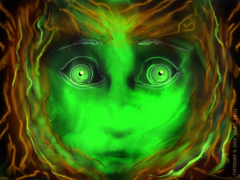 Digital drawing. A glowing green face at center with large eyes held wide and faint eyebrows raised. Shadows suggest the hint of a nose and mouth. The face is surrounded by a pattern of tree bark. Watermark of “Storyfeather” over left eyebrow. Copyright n