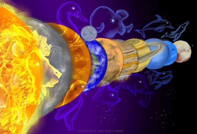 Digital drawing. Composite. The sun and planets of our solar system, seen in overlap from the sun at left to Pluto at right. The spheres get smaller from left to right but are not to scale. Earth’s moon is shown, but no other moons appear. Translucent images of animals float above and below the planets and in front of the sun. A lion’s head overlaps the sun. Above Venus is a swan’s head. Above and between Mars and Jupiter is a ram’s head. Above Uranus is a dolphin. Above Neptune is a humpback whale. Below Mercury is a parrot. Below Earth is a cat’s head. Below Jupiter is an elephant’s head. Below Saturn is a turtle’s head and partial shell and leg. Each animal has a single sparking star in place of the visible eye. Right of Pluto is a lone sparking star. Watermark of “Storyfeather” along Saturn’s rings. Copyright notice at bottom middle reads, “Copyright © 2025  Nila L. Patel.”