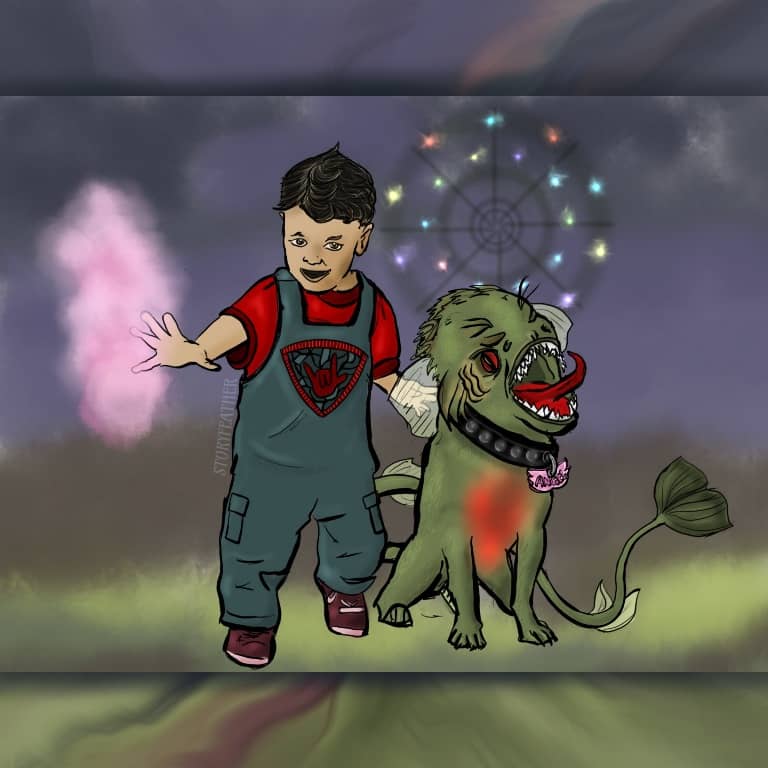 Digital drawing. Two figures at center. Left, a toddler boy wearing overalls with a patch at the chest bearing an image of the hand-horns sign. The boy’s right hand is outstretched and is conjuring a cloud of cotton candy. His other arm is bent at his side. Right, an animal that appears to be half-dog and half-fish. The dog-like body is sitting up. The fish-like head is turned to the side with mouth open, displaying piranha teeth and a pointy outstretched tongue. The creature’s eyes are red. It has a long tail bearing fins, ending in a caudal fin. The creature wears a studded collar with a tag that reads “Angel.” Behind them is the hazy shape of a Ferris wheel with glowing lights. Watermark of “Storyfeather” along the boy’s right side.
