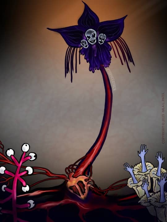 Digital drawing. Strange flowers. At center, on red stalk, a flower with five petals, three arrayed at top, two draped below. Three ghostly mask-like smiling faces where the petals meet. Tendrils fall from behind the upper petals to either side. At the base of the stalk is a heart that seems cut open, vessels extending up the stalk and some extend to either side out of frame. At bottom right are five pale bell-shaped flowers with what appear to be arms and hands emerging from their centers. At bottom left is a dark pink stalk with regular branches that end in a white berry with a black pit that resemble eyeballs. The central flower's roots spread out at bottom. Watermark of “Storyfeather” along stem or stalk just below the petals. Copyright notice along right side reads “Copyright © 2025  Nila L. Patel.”