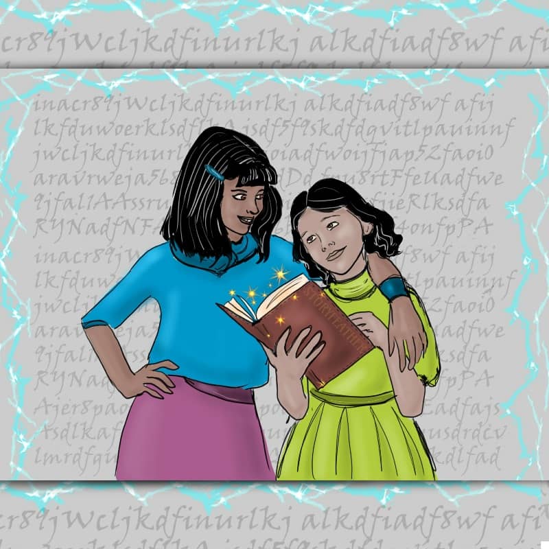 Digital drawing. At center, two little girls. The girl at left stands a head taller, with her right hand on her hip and her left arm around the other girl’s shoulder. She wears a skirt, a quarter-sleeve pullover, a band around her left wrist, and a barrette in her hair. The girl at right holds a book open in her right hand, and touches a page with her left. Sparkles surround the book. She wears a dress with a pleated skirt. The girls smile and gaze at each other. Behind them are lines of script with random letters bordered by a lightning pattern. Watermark of “Storyfeather” along outer edge of book cover.