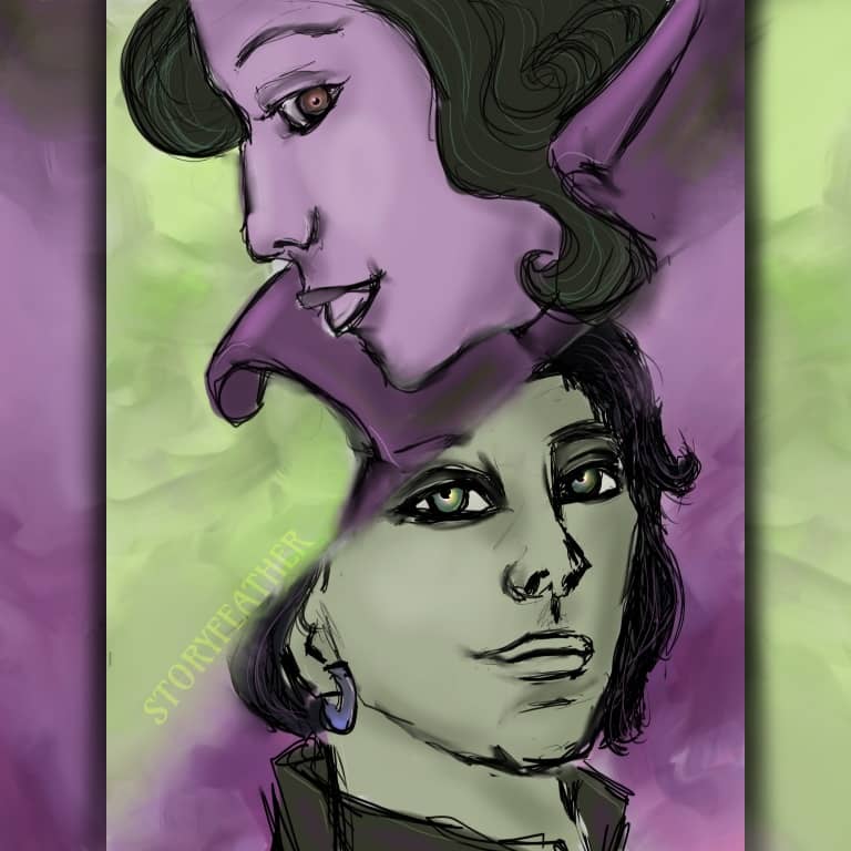 Digital drawing. A composite image of two faces with a soft diagonal border between them, cutting from bottom left to top right. At top seen in left profile is a face looking down and having a pleasant almost smiling expression, short curly hair, and a hi
