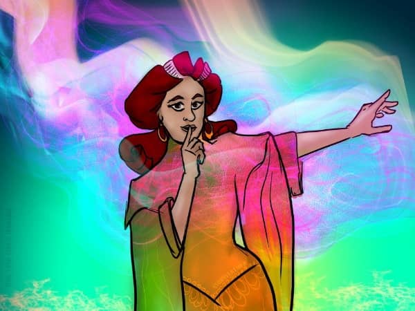 Digital drawing. A woman at center from waist up in a green, orange, and pink gown with fabric flowing down from the sleeves. She faces forward with left arm raised to the side, fingers flourished. Right arm is bent, and her index finger lies just over her lips. She wears hoop earrings, and her hair is styled so that it is parted in the middle, and tied loosely at her neck, with neat sweeping curls at her shoulders, and bands tied around the sections at her forehead. Flowing behind and around her are bands of light and strands that suggest a gauzy flowing fabric. Watermark of “Storyfeather” along front of her dress at her hip. Copyright notice at left edge reads, “Copyright © 2025  Nila L. Patel.”