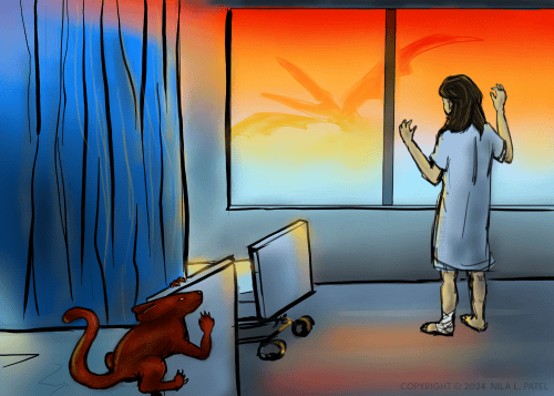 Digital drawing. View into a hospital room. Two beds partially visible at left with a partly drawn curtain between them. A creature or animal is perched at the corner of the bed in foreground. It has long rounded ears that are held flat against its back. It has a long curving tail and limbs with claws. At right, background, a woman stands with her back to the viewer, holding her hands up to the window, looking out at a reddish sky with the shape of a pterodactyl flying through. She’s in a hospital gown and her left ankle is bandaged. Watermark of “Storyfeather” along left side of hospital gown. Copyright notice at bottom right reads, “Copyright © 2024  Nila L. Patel.”