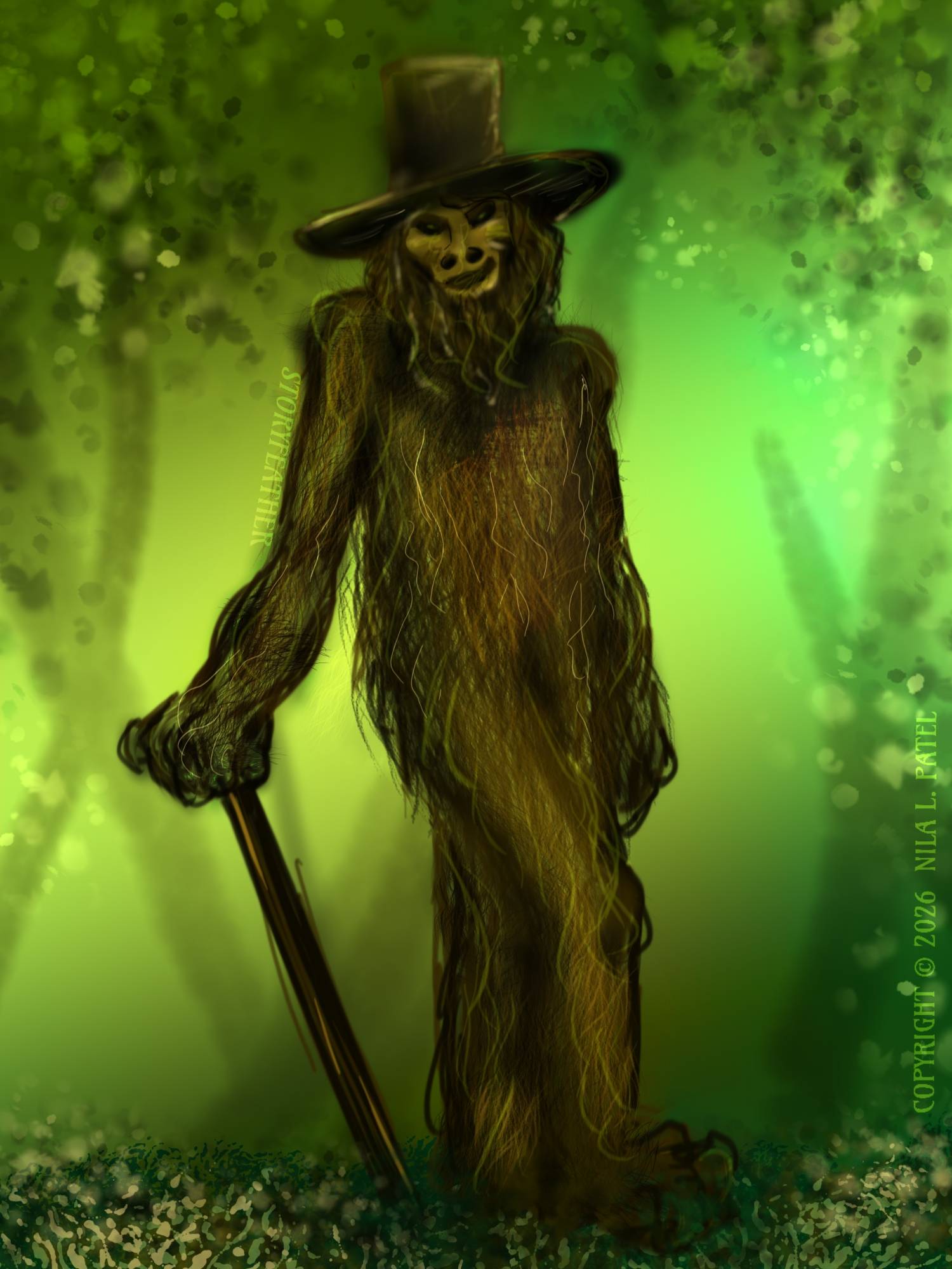 Digital drawing. At center, Bigfoot, wearing a tall wide-brimmed hat, standing with right arm extended out slightly, hand resting on the top of a cane, and right leg slightly bent and stepping to the left. Leaf litter at bottom. Hazy silhouettes of trees and leaves in background and above. Watermark of “Storyfeather” along outside of upper right arm. Copyright notice along right side reads “Copyright © 2026  Nila L. Patel.”