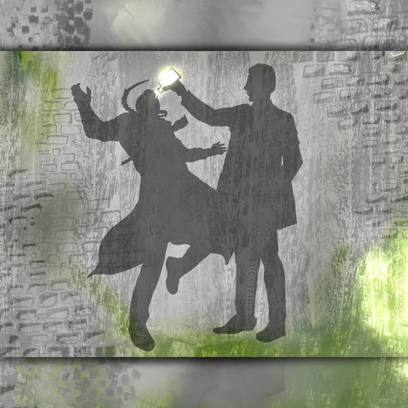 Digital drawing. At center, the shadows of two figures cast against a stone wall. The figure at left is reeling backwards, arms outstretched, left leg raised and bent, chest pierced with a long spiraling horn, neck entwined with a segmented whip-like tail ending in a stinger. The figure at right stands upright, face in profile, right arm outstretched, holding a vial out above the first figure’s face. The vial is filled with a glowing substance. A green glow appears at bottom right. The left and right frames of the image depict the faint outlines of brickwork. Watermark of “Storyfeather” along right leg of figure at right.