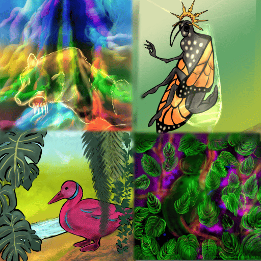 Square composite image of the digital drawings from the four January 2024 short stories. Clockwise from top left: bright outline of a sleeping bear against streams and waves of color; a crowned humanoid butterfly creature emerging from a chrysalis; a weasel-like creature blending in and hiding among scattered tropical leaves; and a magenta-colored duck standing on a shore framed by leaves.