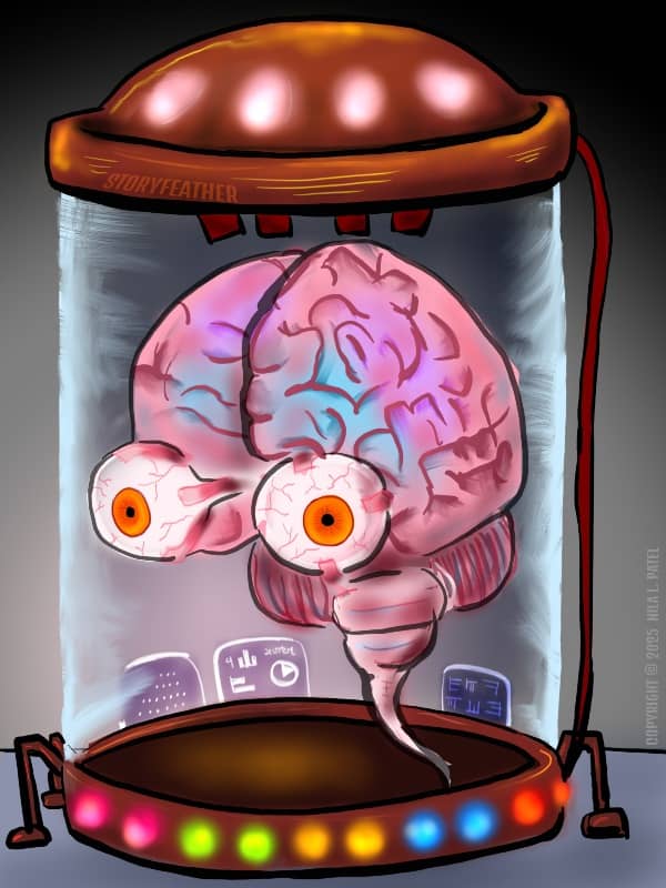 Digital drawing. A human-looking brain with eyes and brain stem attached floats in a jar-like container. The pink brain glows with blue and purple hues in patches. Round colored lights line the bottom of the container. Tiny legs are folded at the sides. Circuits or small panels are visible behind the side of the jar facing the viewer. At top is a small dome arrayed with four oval lights. A wire extends from top to bottom at right. Watermark of “Storyfeather” along top lid of container. Copyright notice along right side reads, “Copyright © 2025  Nila L. Patel.”