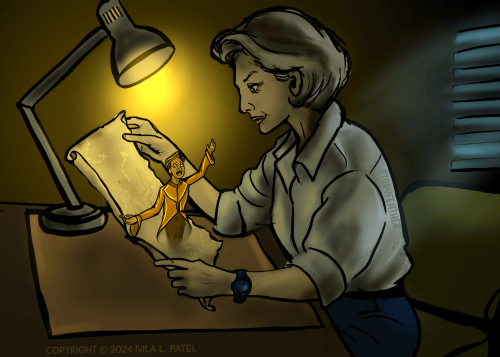 Digital drawing. Seen from left profile, an older woman sits at a desk and looks down at piece of parchment with the top half of a human figure emerging out of it. The woman has a short bob, and wears a button down shirt with the sleeves rolled up to her elbows. She wears a watch on her left wrist. Behind her are blinds through which a hazy light shines. An articulating desk lamp shines warm light onto the parchment, which the woman holds with both hands. The figure emerging from the parchment raises the left hand up and holds the right arm out, and holds his mouth wide open. Faint dashed lines and "x's" mark the parchment. Watermark of "Storyfeather" along the back of the woman's shirt. Copyright notice at bottom left reads, "Copyright © 2024 Nila L. Patel."