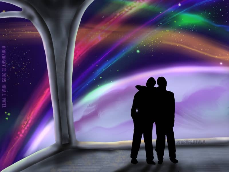 Digital drawing. Black silhouettes of two human figures at center right standing in front of a large window. The figure at right has his arm around the figure at left. The bottom half of the window looks out at the glowing curved shape of a planet, and the top shows five colorful rings encircling the planet at different angles. At left is another arched window displaying a continuation of the planet and rings, with space and a starfield behind all. Watermark of “Storyfeather” along the bottom edge of the window. Copyright notice along left side reads, “Copyright © 2025  Nila L. Patel.”