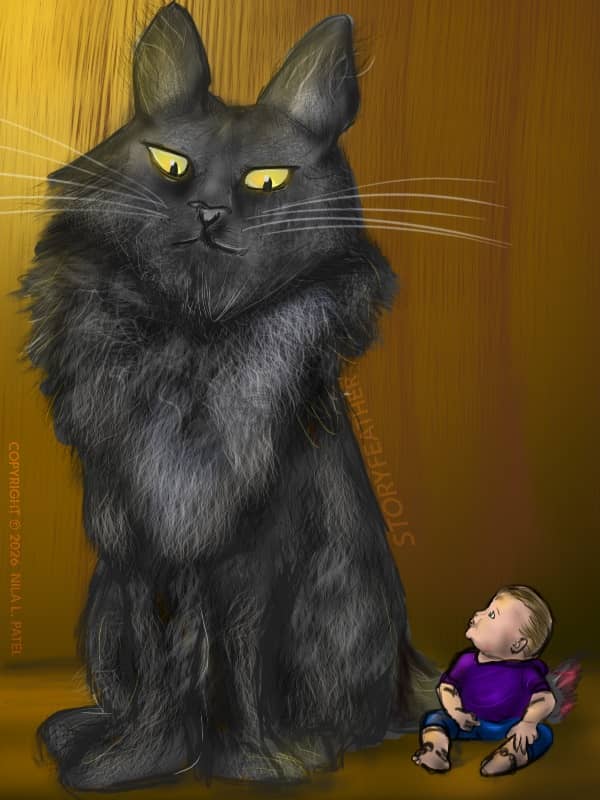 Digital drawing. A giant cat with yellow eyes, dark fur, and the general appearance of a Maine Coon, at left, sitting on its haunches, looking down and to its left. At right, a baby sits beside the cat, face in profile, looking up at the cat. Behind the b