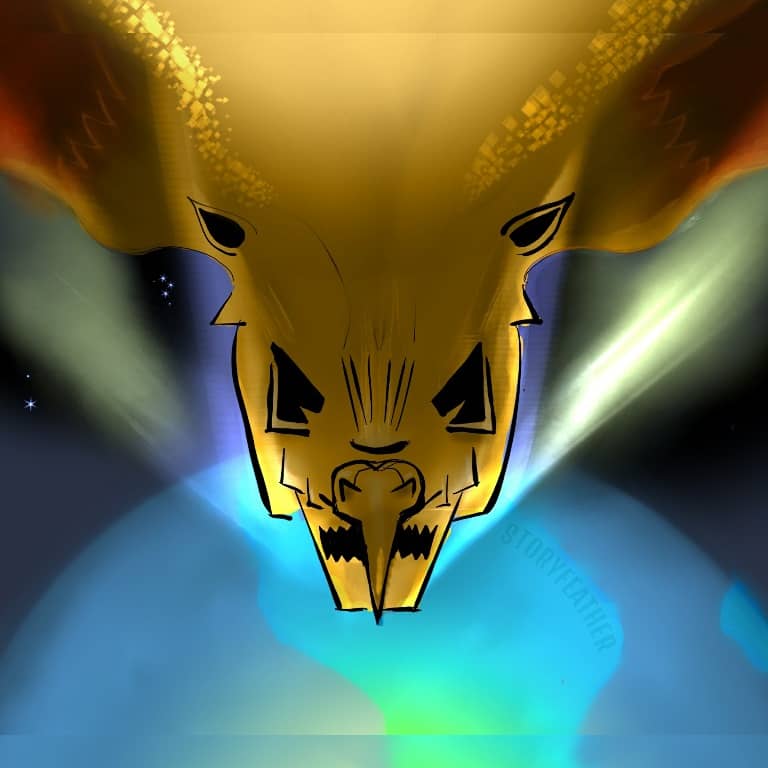 Digital drawing: A mask-like face at center with sharp angled eye holes, a mouthpiece shaped like jagged teeth, and a beak-like nose. Instead of a body, an amorphous form flows out and up from behind two small ears, where the neck would be expected. A wake of glowing light flows out from the face’s jaw, indicating movement at great speeds. Below and behind the face, bottom half of image, the translucent hint of a planet and a large continent. Watermark of “Storyfeather” along border of visible continent.