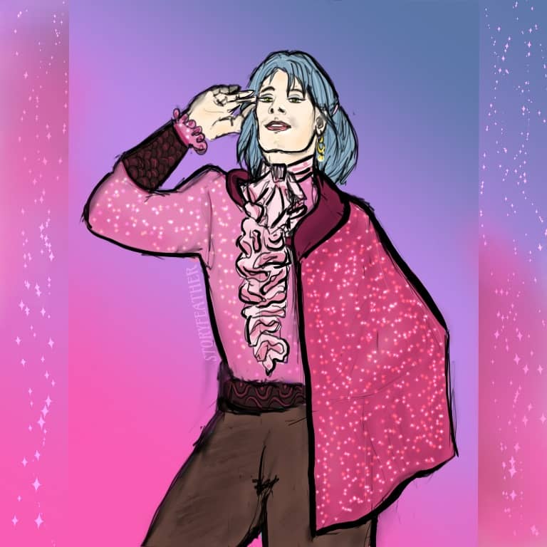Digital drawing. At center, a man seen from thighs up, facing forward with head raised up, eyes and mouth slightly parted. He wears a sparkling shirt with a ruffled front, fancy cuffs, and ornate belt. A sparkling half-cape hangs from his left shoulder and is tied over his right shoulder. His right arm is bent, hand raised to his temple. A dangling earring with linked golden hoops hangs from his left ear. His shoulder-length hair is loosely pinned behind the ear. Watermark of “Storyfeather” along the right side of his torso