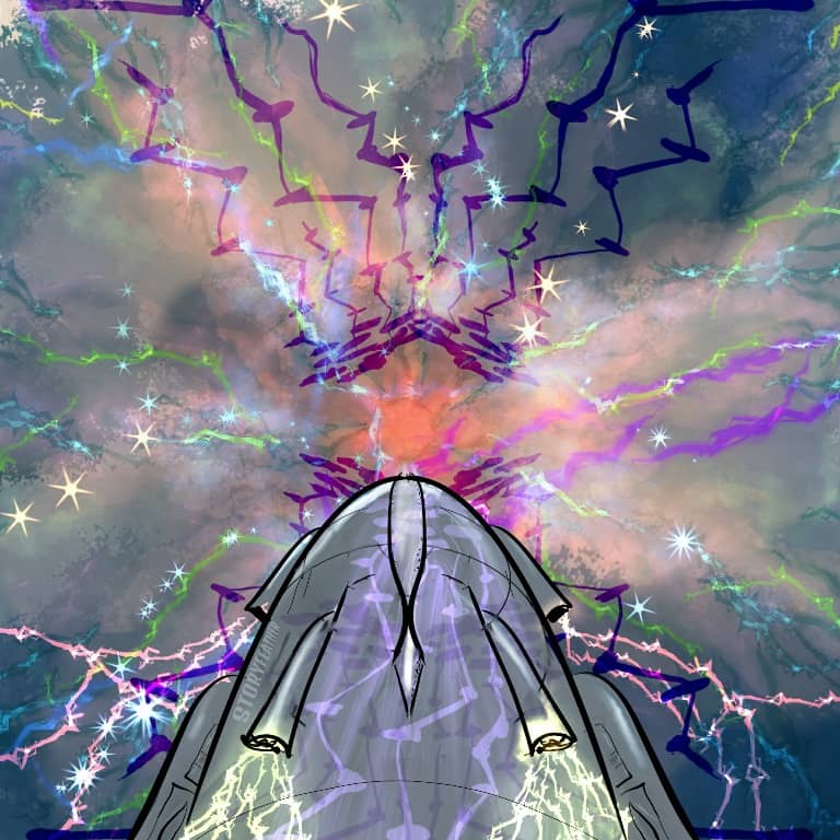 Digital drawing. A ship shaped like a submarine appears at bottom half, moving toward a glowing anomaly at center. Lightning, sparks, and gases emerge from the anomaly and stream outward. A zigzag pattern with nodes at each junction glows on the ship’s hull and is reflected above and below the ship, but darker in color. Lightning also bursts from two thrusters on the ship’s dorsal hull. Watermark of “Storyfeather” on hull of ship along left thruster.