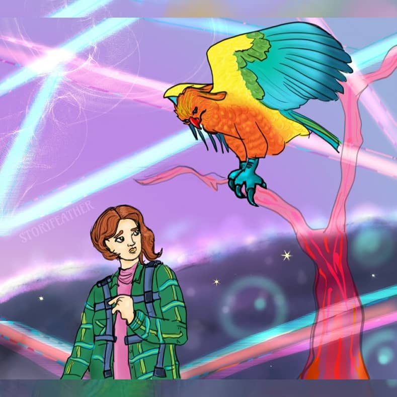 Digital drawing. Left half bottom, a woman in a plaid shirt and wearing a parachute harness seen from the waist-up, glancing up and over her left shoulder.  Right half, a translucent tree with two branches. An eagle with rainbow-colored feathers is perched on one branch, wings partly extended, gazing down at the woman. Bars of light cross around the woman and the eagle. The ground is a hazy. Sparks and hazy bubbles are dispersed everywhere. Watermark of "Storyfeather" along bar of light at left.