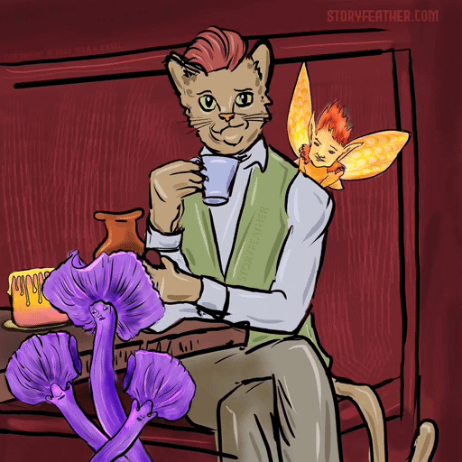 GIF. Duration, 5 seconds. Digital drawing. A humanoid cat wearing shirt, vest, and trousers sits with legs crossed in a booth, and raises a teacup, elbow resting on table. The cat’s tail hangs over the seat at right. Large tufts of red hair between his ears are styled. His left hand holds a pipe. He is half-smiling. At bottom left corner is a cluster of three purple mushrooms with humanoid faces at the top of the stalk. The central mushroom has a wide fluted cap. The other two have thin folded up caps. Behind the mushrooms and beside the cat’s right arm, the top of a jug is visible. Part of a cake is visible on the table. Behind the cat’s left shoulder, top half of a fairy with a slightly upturned mouth, pointy ears, scaly wings, and spiky hair. The fairy’s color scheme is orange. Watermark of “Storyfeather” along the cat’s vest. Copyright notice at top left reads, “Copyright © 2023  Nila L. Patel.” Lines from the story appear: “Soul and imagination were also necessary for the working of fairy magic.” Site URL appears at top right.