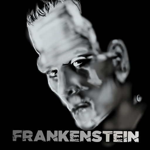 GIF. Duration, 6 seconds. Digital drawing. Depiction of Boris Karloff as Frankenstein’s monster. The face in three-quarters view, eyes looking forward. Text at bottom, “Frankenstein.” Text and image fade to show starting sketch. Video transitions through progress from sketch to final.
