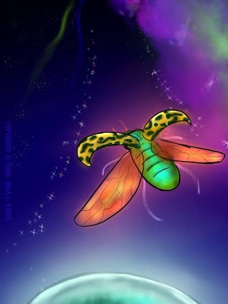 Digital drawing. Center right, tilted away, a beetle in flight in outer space, with some markings and coloring of a calligrapha beetle, dark streaks and splashes on the cover wings, bright orange flight wings. Below is a partial view of a planet. Above right, a cloud of colored gases. Arcing toward the beetle from top are two lines of sparks that form a lane. Near upper left are two streaks of color, one green and one blue against distant stars. Watermark of “Storyfeather” along edge of left flight wing. Copyright notice along left side reads “Copyright © 2026  Nila L. Patel.”