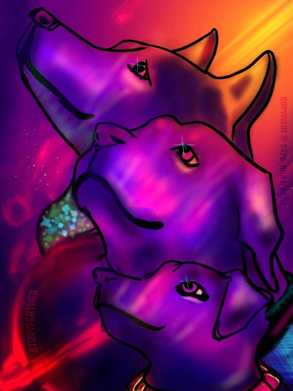 Digital drawing. Heads of three dogs facing left, tilted and looking up. From top to bottom, an Alaskan Malamute, a Rottweiler, and a Jack Russell Terrier. The fill colors are not natural to the breeds, but are vivid purple, magenta, orange, red, and yell